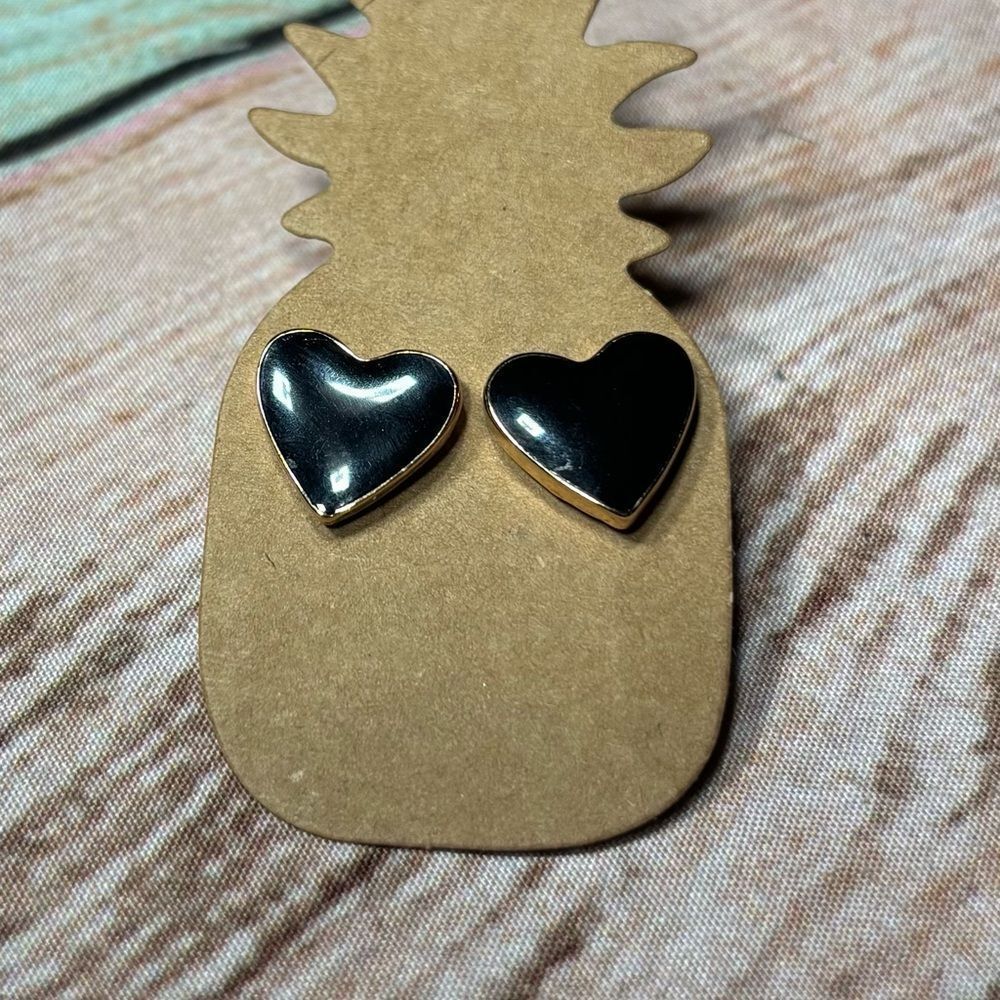 New Heart Shaped Stud Earrings - Black  Enamel and Gold
